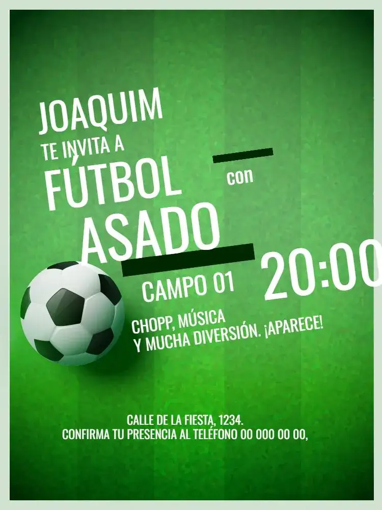 Invitación Fútbol – tema Cumpleaños colores vibrantes, estilo moderno, elementos gráficos de fútbol, diseño divertido, temática deportiva