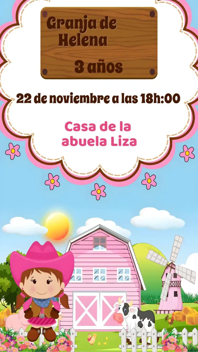 Invitación Granja – tema Cumpleaños Infantil colores vibrantes, ilustraciones de animales, estilo rústico, elementos campestres, diseño divertido, temática lúdica