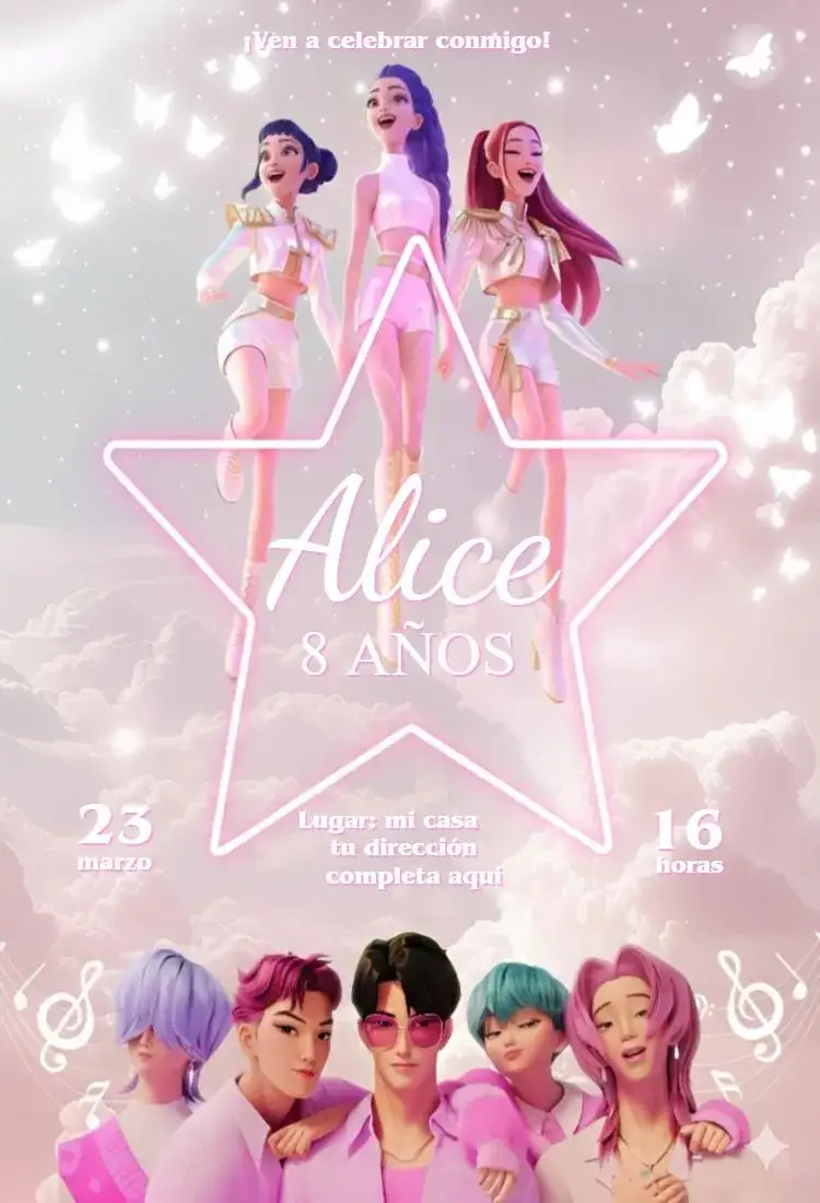 Invitación Guerreras del Kpop 6 – tema Cumpleaños moderno, vibrante, jovial, colorido, divertido