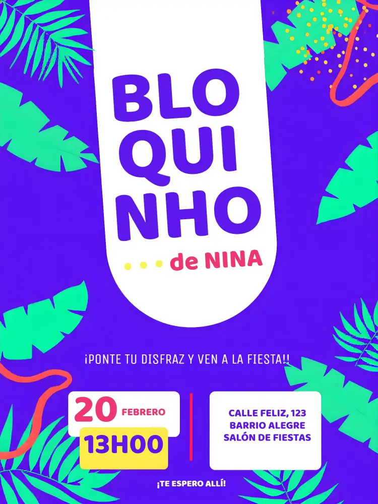 Invitación Fiesta De Carnaval Bloco – tema Fechas Conmemorativas colorido, festivo, tropical, moderno, vibrante, divertido