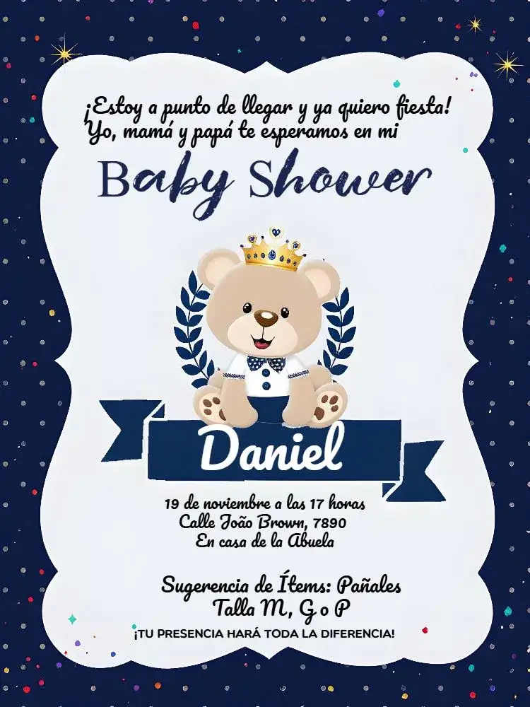 Invitación Baby Shower Príncipe Oso Realeza – tema Baby Shower azul, blanco, oso de peluche, realeza, moderno, lúdico