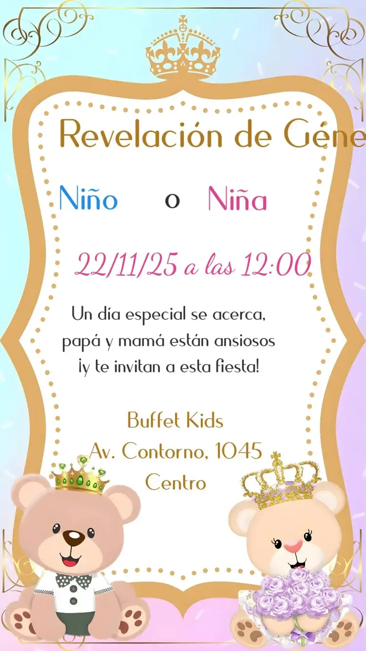 Invitación Fiesta de Revelación de Género – tema Revelación Bebé ositos, príncipe, princesa, pastel, divertido, moderno