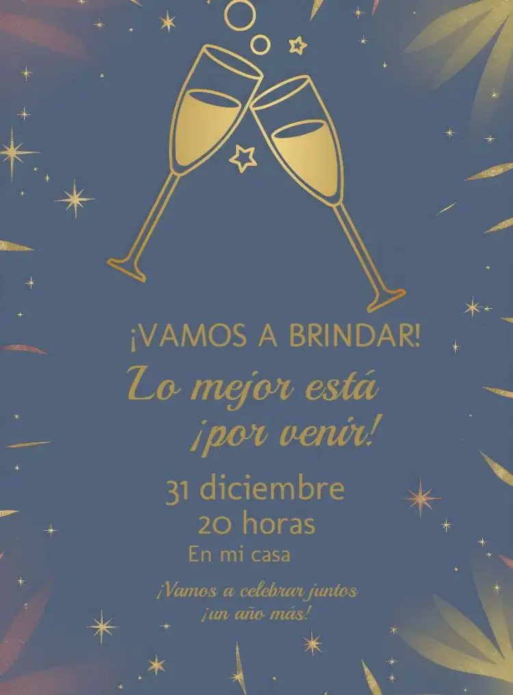 Invitación Fiesta Año Nuevo Azul – tema Fechas Conmemorativas azul, dorado, elegante, moderno, festivo