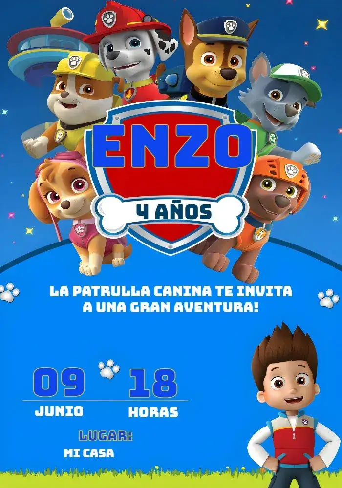 Invitación Patrulla Canina Infantil – tema Cumpleaños Infantil azul, rojo, divertido, infantil, colorido, aventura