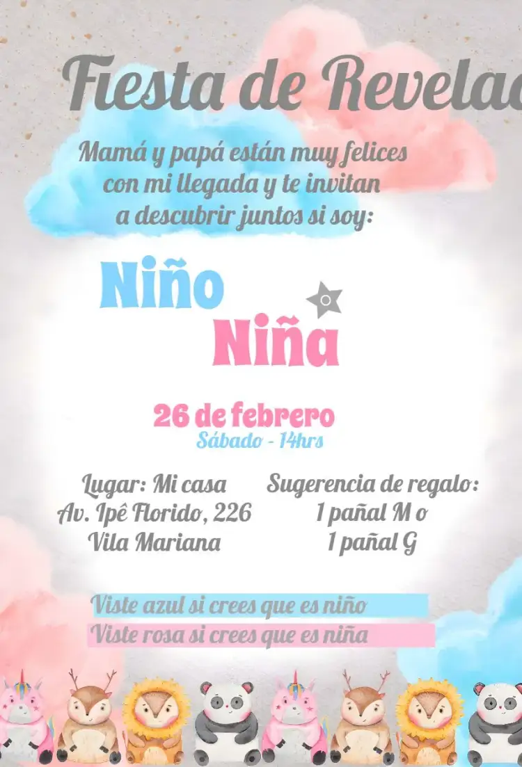Invitación Baby Shower Boy and Girl Pink – tema Revelación Bebé rosa, azul, moderno, divertido, colorido