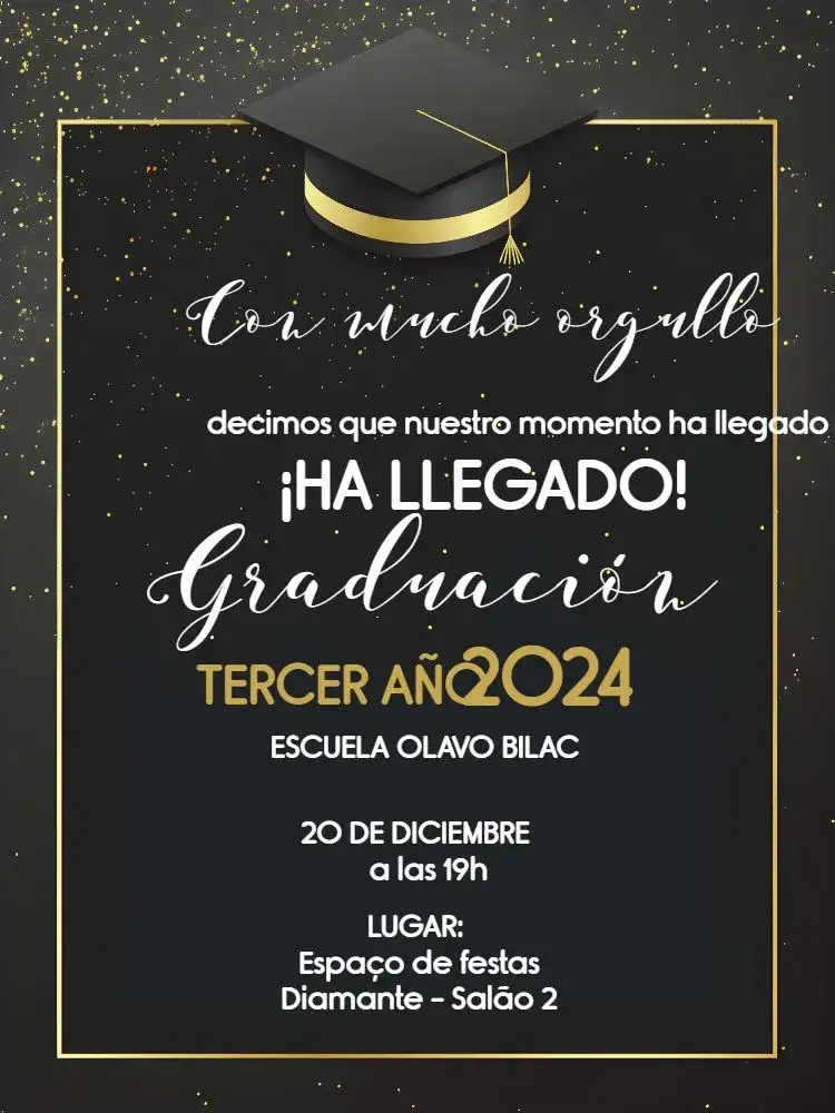 Invitación Graduación de Tercero de Secundaria – tema Graduación dorado, negro, moderno, elegante, minimalista, festivo