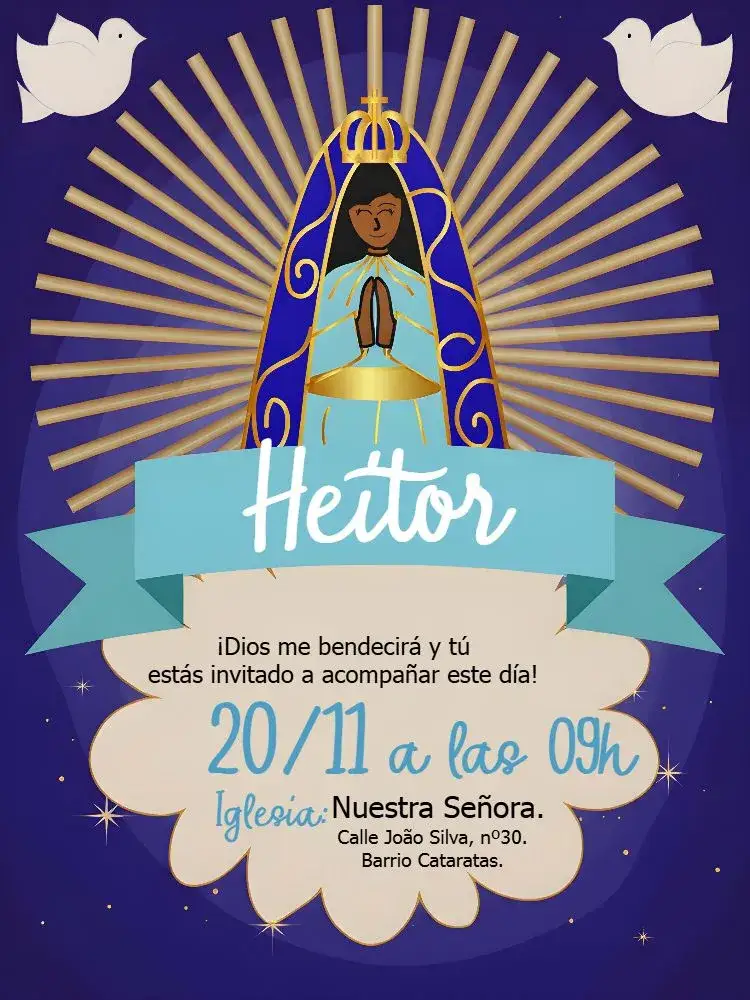 Invitación Bautizo Iglesia Nuestra Señora – tema Bautismo elegante, religioso, moderno, azul y dorado, clásico, minimalista
