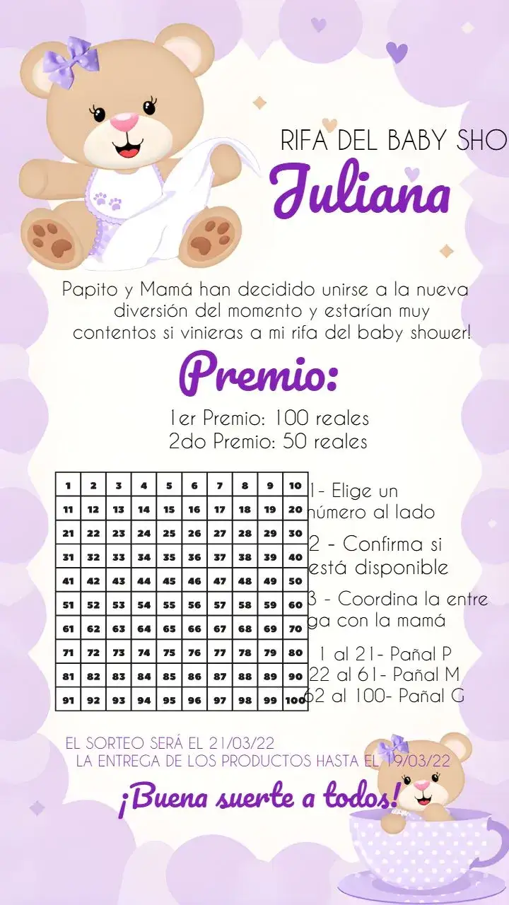 Invitación Té Rifa Osita Números – tema Té Rifa lila, blanco, tierno, infantil, ilustraciones de animales, moderno