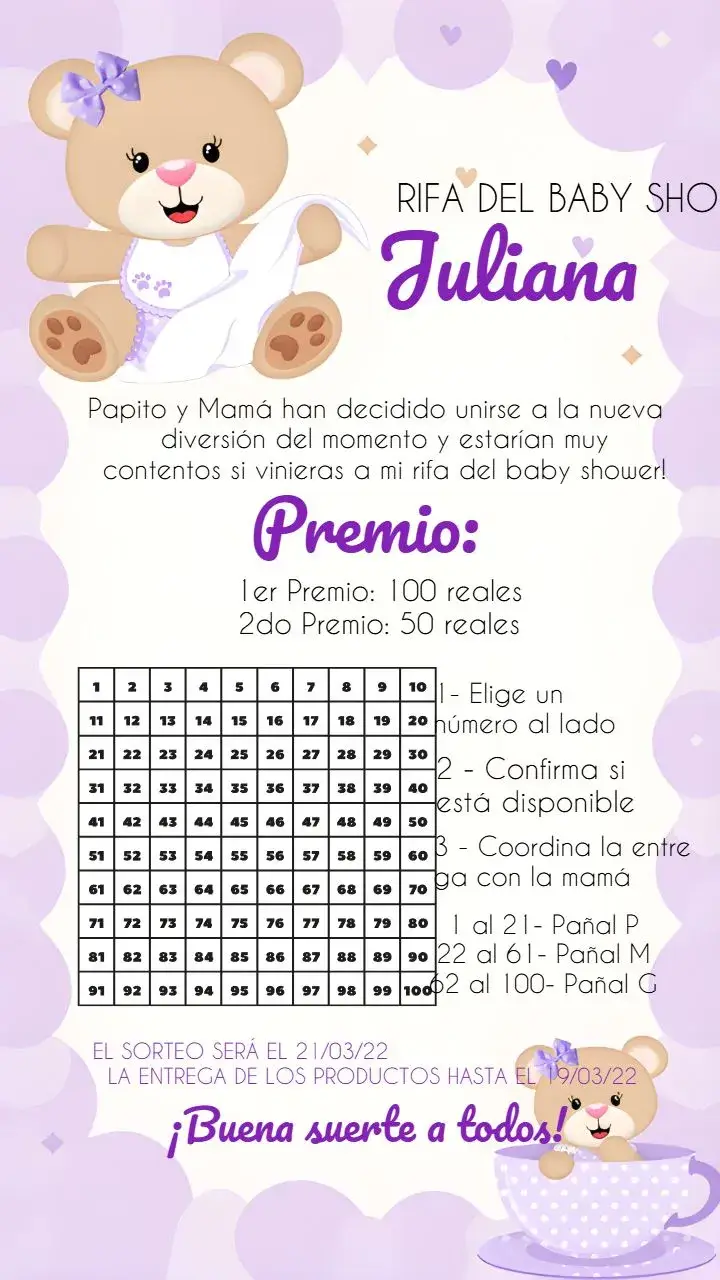 Invitación Té Rifa Osita Números editable y personalizable