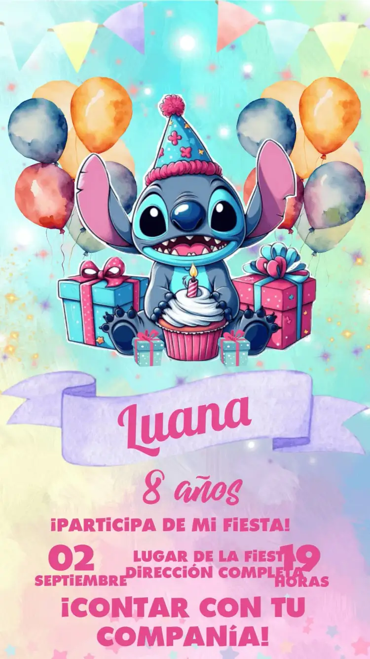 Invitación Stitch Fofo – tema Más buscados vibrante, lúdico, colorido, temático, divertido