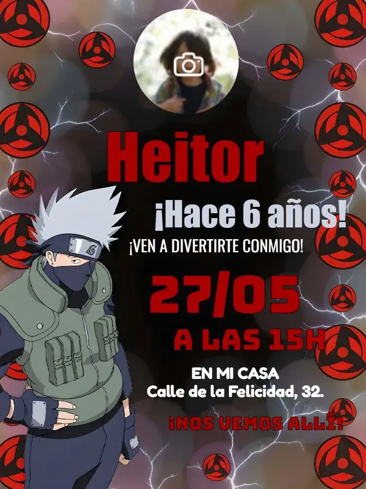 Invitación Kakashi Con Foto Online – tema Cumpleaños Infantil anime, ninja, colorido, divertido, moderno, joven