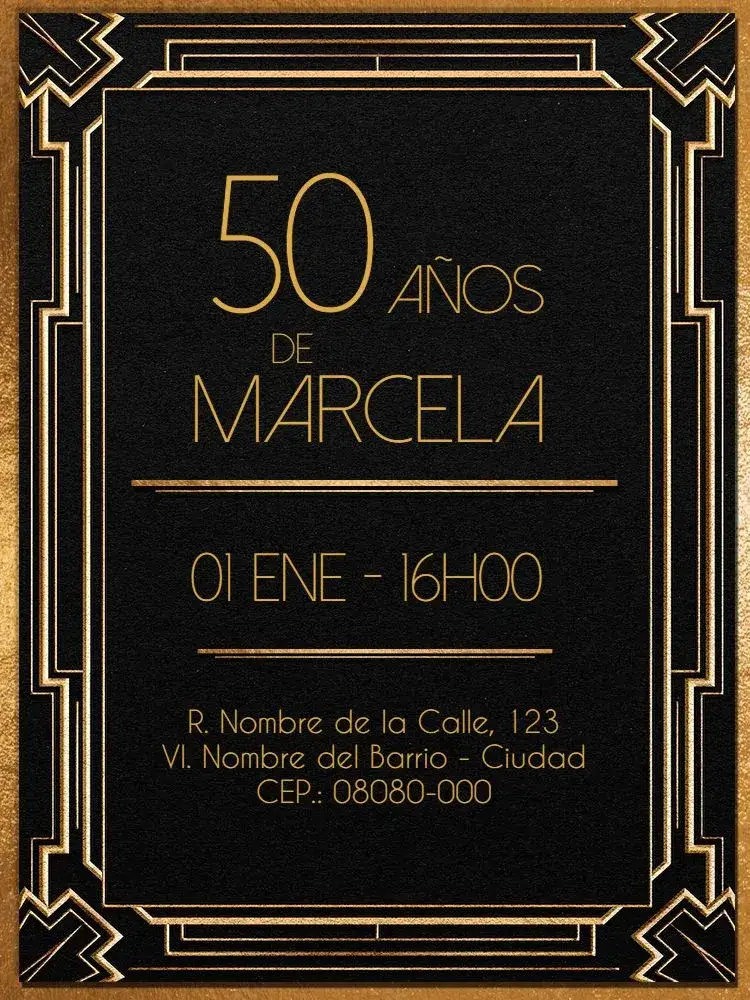 Invitación Virtual 50 Años - Geométrico Adulto – tema 15 años geométrico, art deco, dorado, moderno, elegante