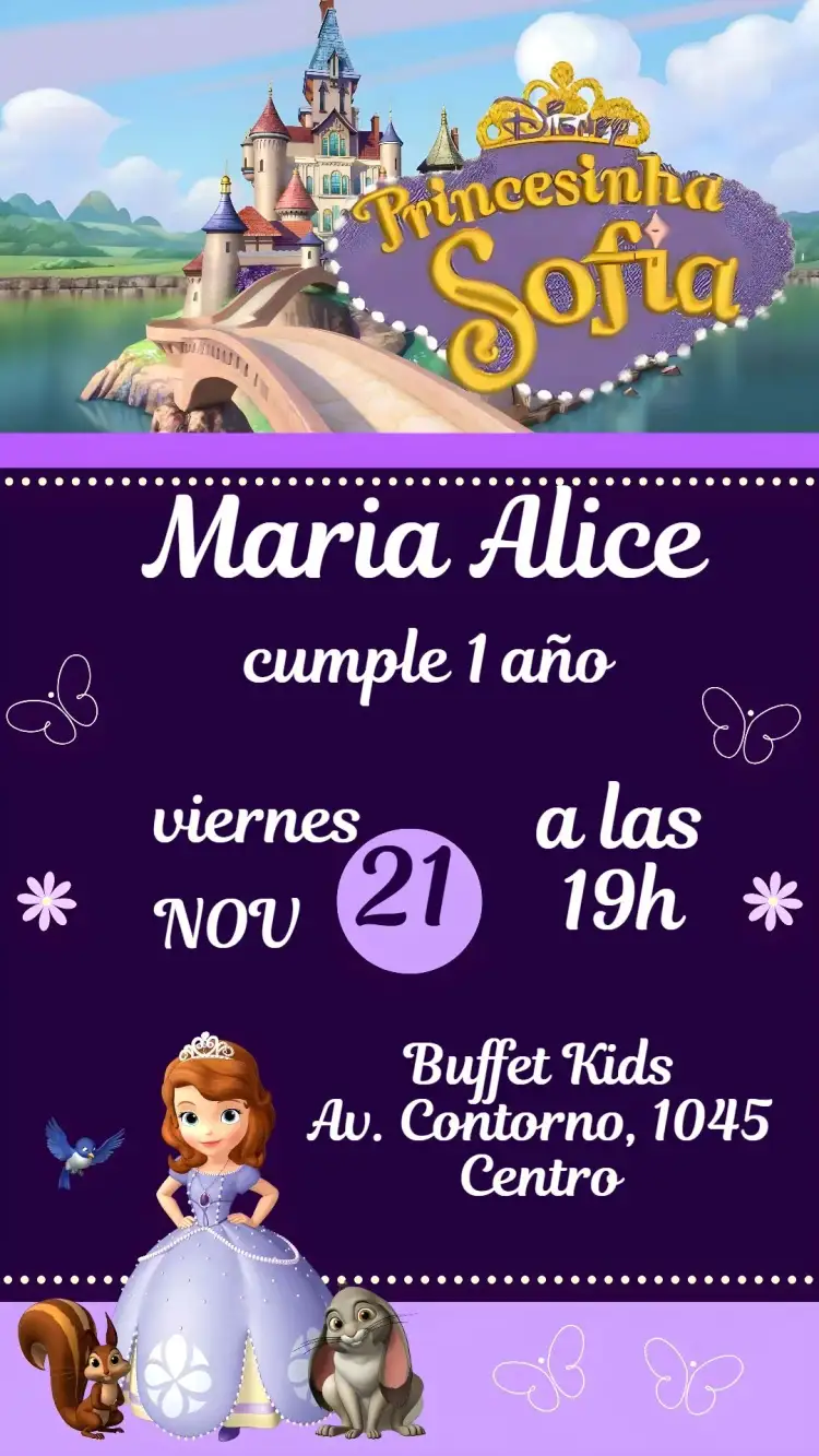 Invitación Princesita Sofía – tema Cumpleaños Infantil rosa, lila, princesa, encantado, brillo, vacaciones