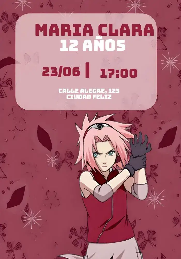 Invitación Naruto Sakura Negro – tema Cumpleaños Infantil moderno, anime, temático, vibrante, colorido, divertido