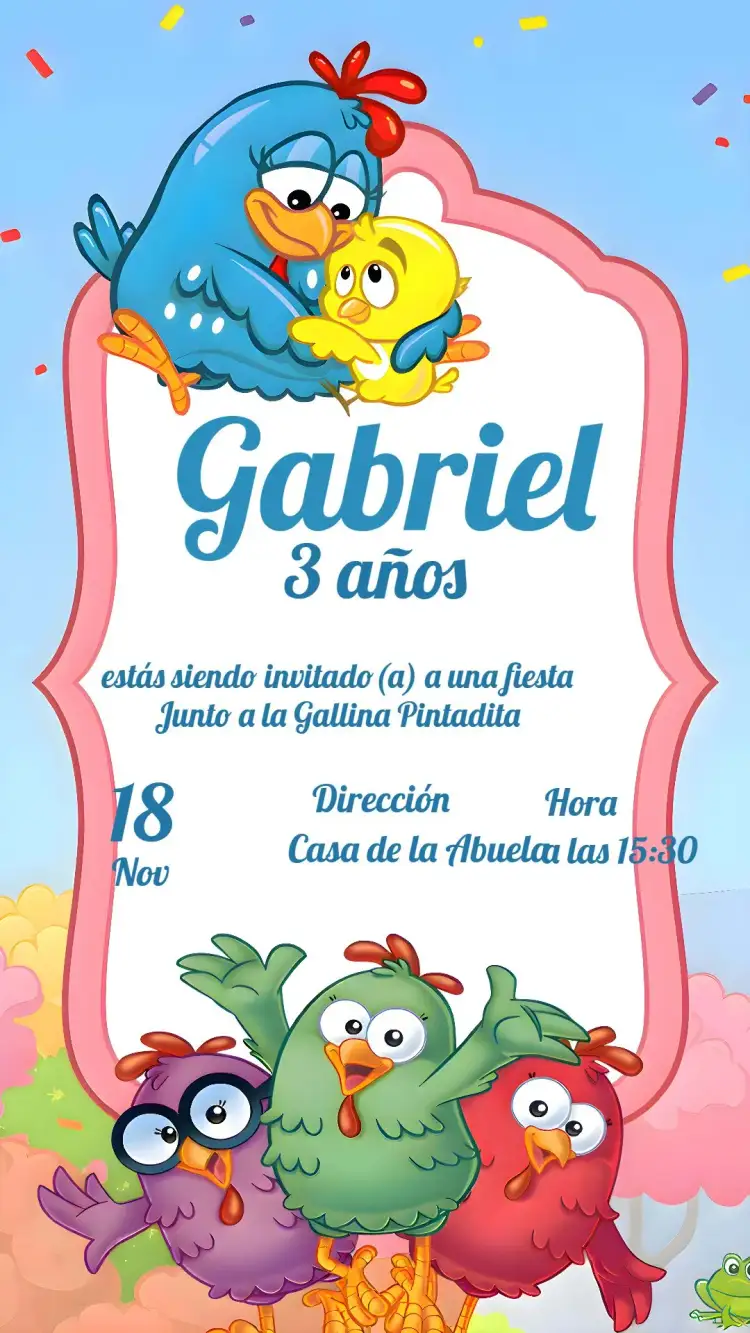 Invitación Gallina Pintadita Candy – tema Más buscados dulce, colorido, divertido, infantil, lúdico, temático