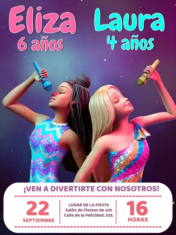 Invitación Doble Barbies Rosa – tema Cumpleaños Infantil femenino, colorido, divertido, moderno, inspirado en Barbie, lúdico