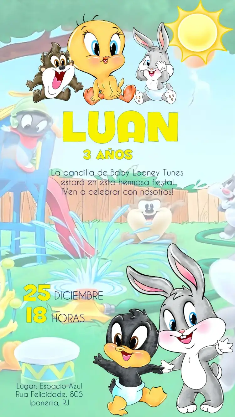 Invitación Baby Looney Tunes Infantil – tema Más buscados acuarela, colorido, divertido, infantil, personajes animados