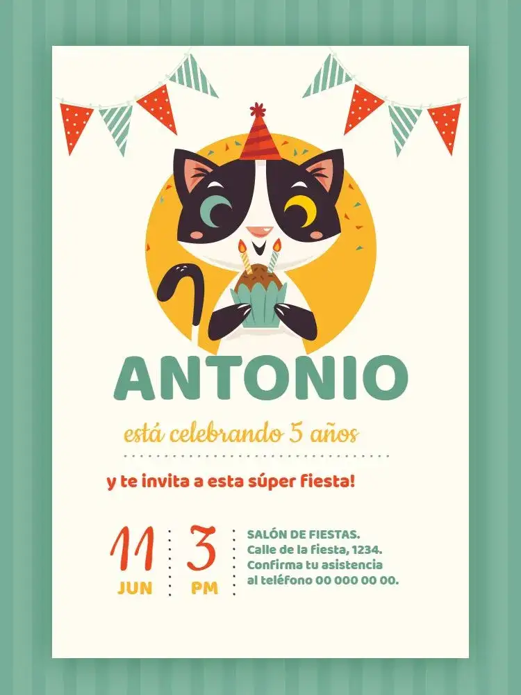 Invitación Celebración Gatito – tema Cumpleaños Infantil divertido, colorido, infantil, animales, festivo, alegre