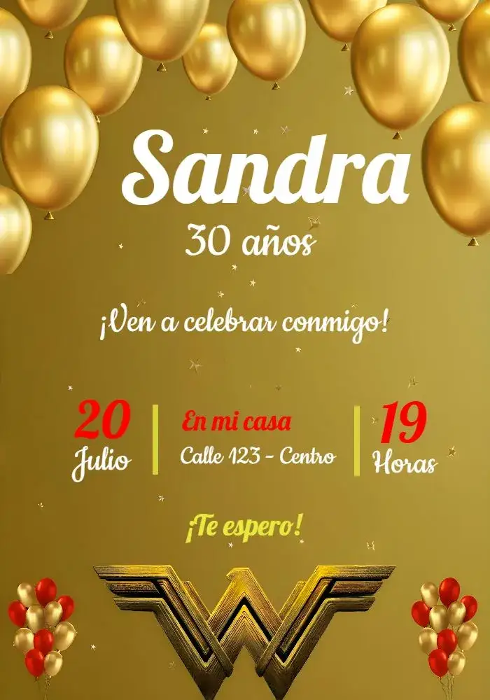 Invitación Mujer Maravilla Infantil – tema Cumpleaños superheroína, colorido, vibrante, divertido, temático