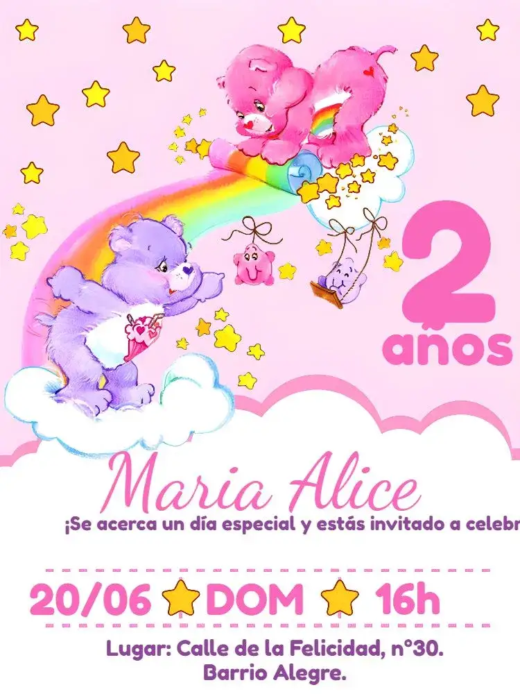 Invitación Os Ositos Cariñosos Rosa – tema Cumpleaños Infantil rosa, lila, tierno, infantil, colorido