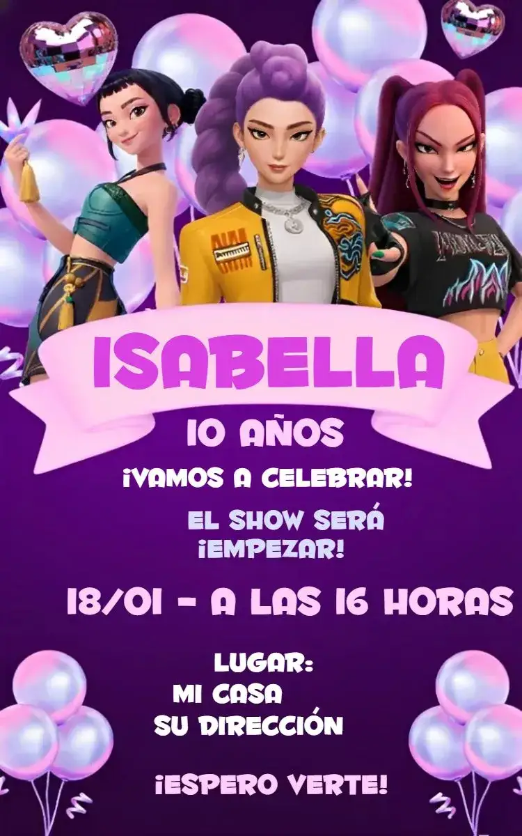 Invitación Invitación Guerreras del Kpop Morado – tema Cumpleaños morado, K-pop, alegre, artístico, vibrante, divertido