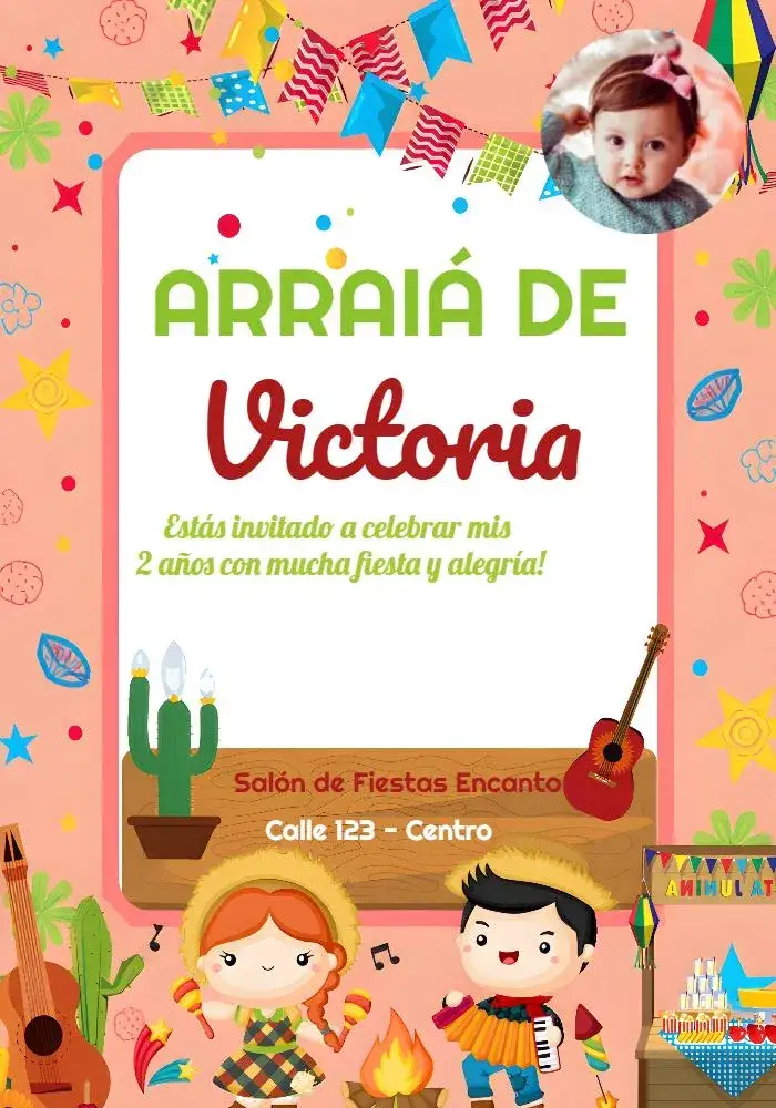 Invitación Arraiá Fiesta Junina Con Foto de Niña – tema Fechas Conmemorativas colorido, festivo, infantil, vintage, brincalhón
