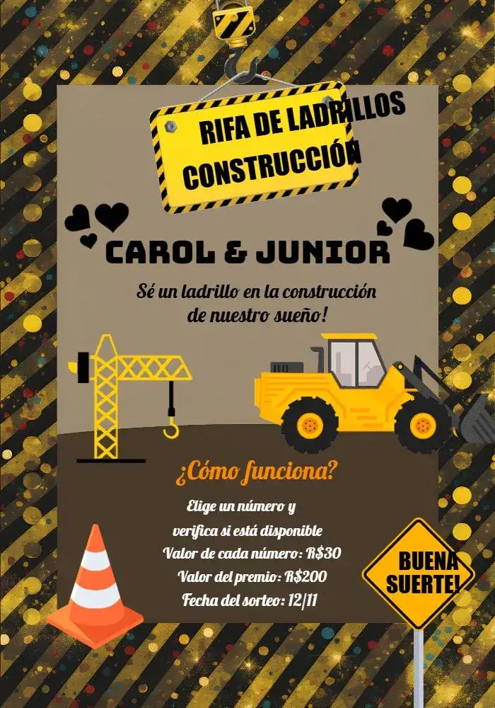 Invitación Té Chá Rifa Solidaria Construcción – tema Té Rifa moderno, industrial, vibrante, solidario, dinámico, estilizado