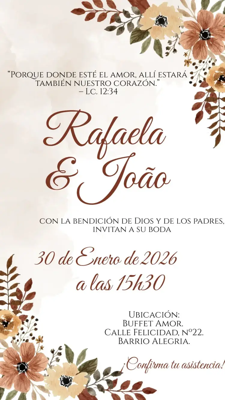 Invitación Boda floral Terracota Marrón editable y personalizable