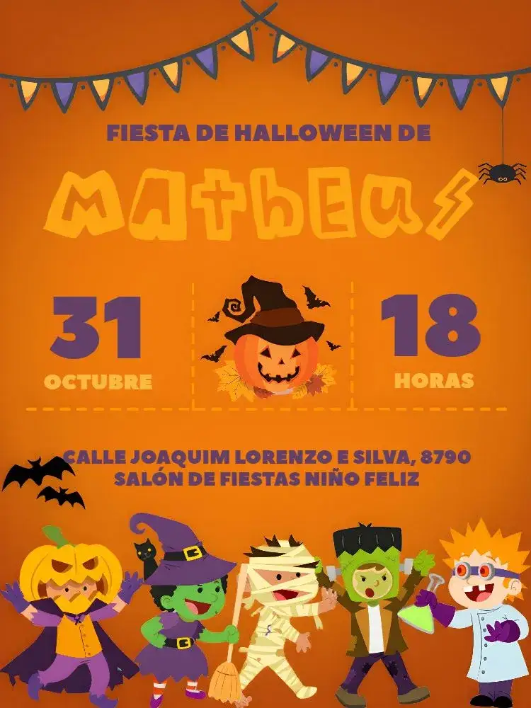 Invitación Halloween Das – tema Cumpleaños Infantil naranja, negro, brujas, calabazas, murciélagos, vampiros