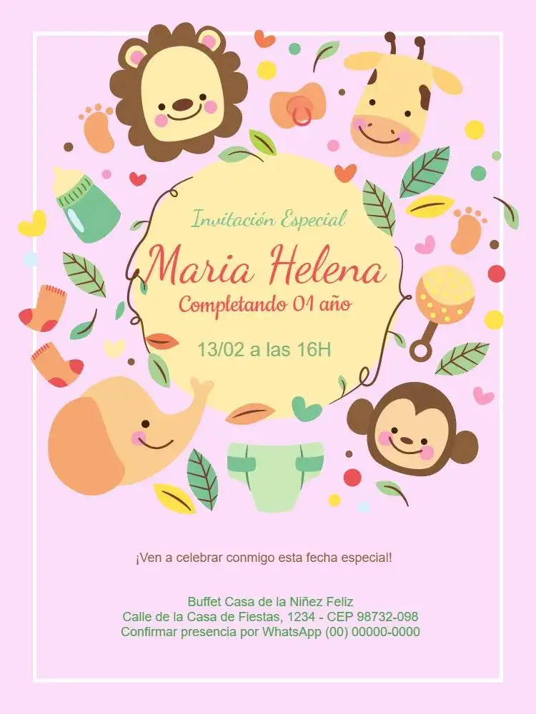 Invitación Safari Baby Niña Infantil – tema Cumpleaños Infantil rústico, delicado, infantil, colorido, floral, divertido