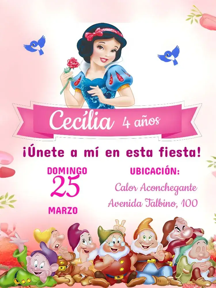 Invitación Blanca Nieves Colorido – tema Cumpleaños Infantil colorido, lúdico, temática Disney, mágico, vibrante, infantil
