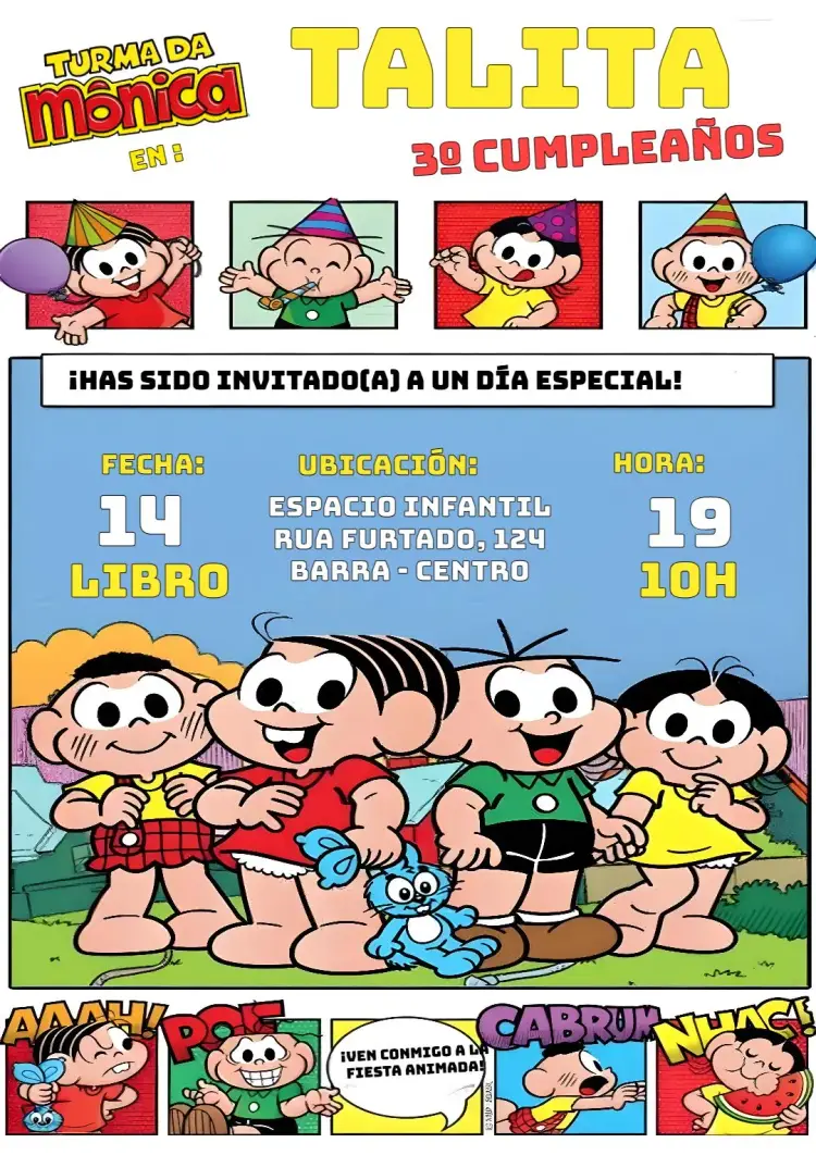 Invitación Turma Da Mónica Cómic Fiesta editable y personalizable