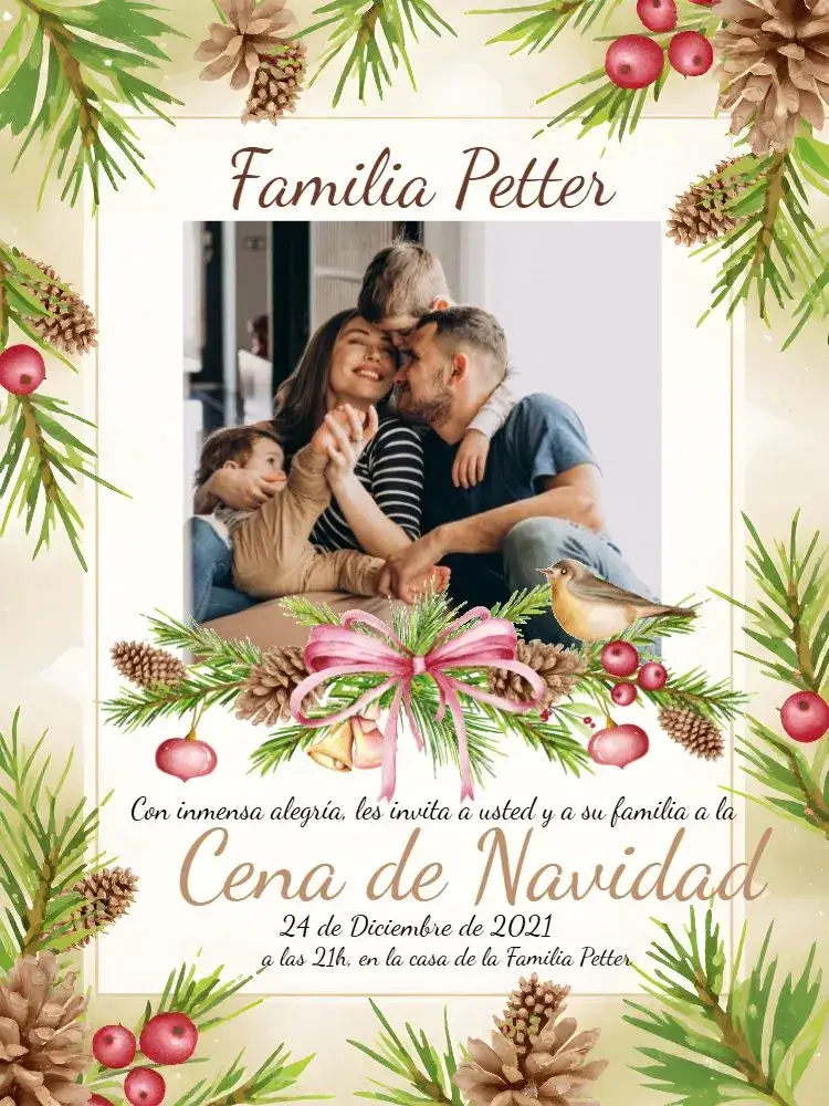 Invitación Cena De Navidad Con Foto Piñas – tema Fechas Conmemorativas rústico, navideño, moderno, acogedor, natural