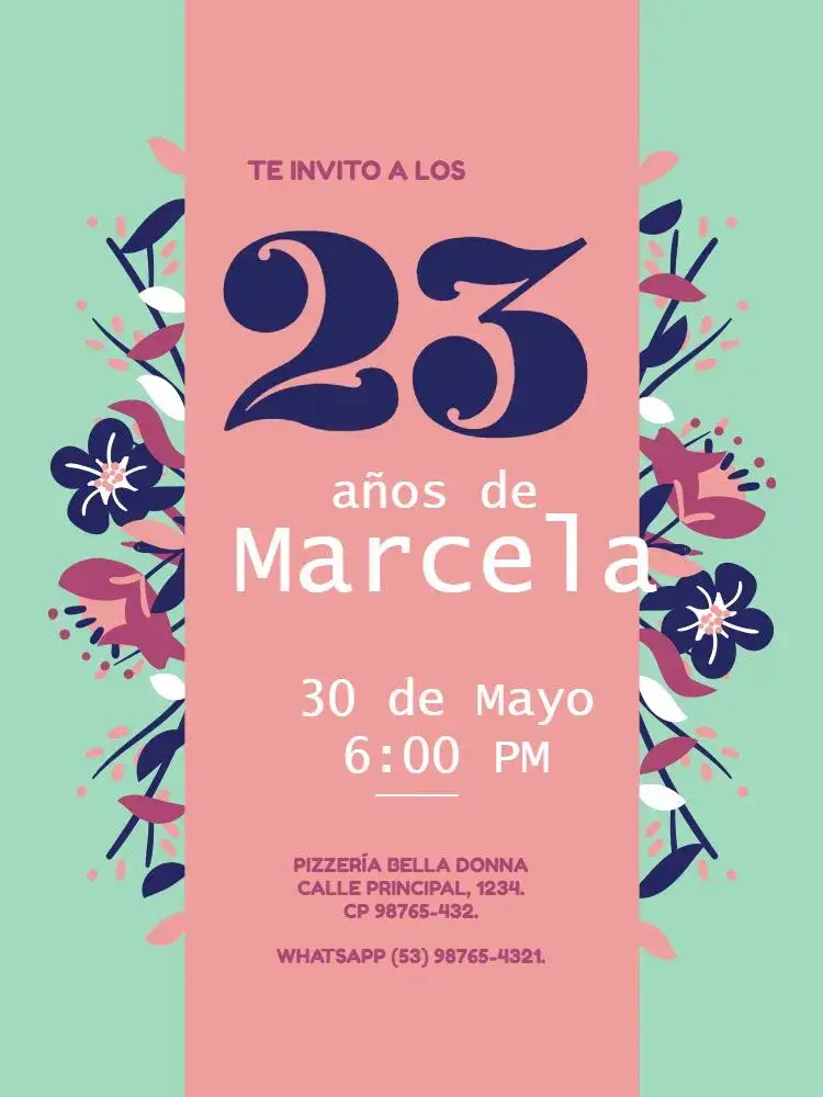 Invitación Fiesta Floral Femenina – tema Cumpleaños Infantil floral, delicado, jovial, colores suaves, moderno, femenino