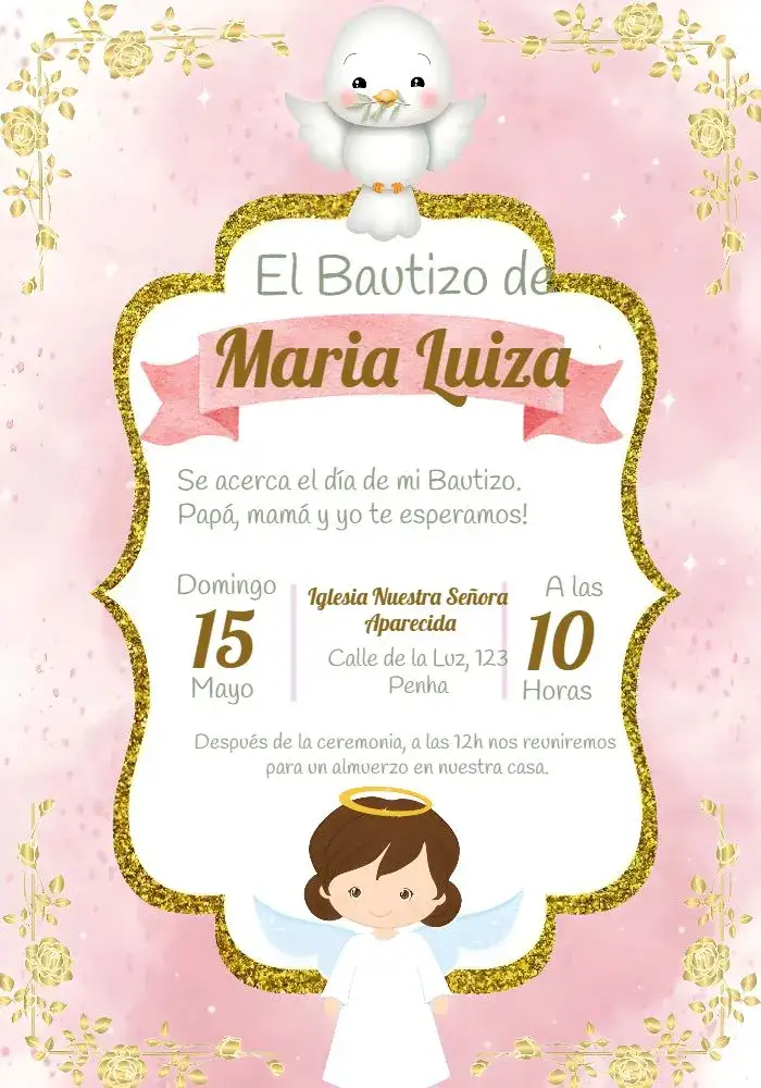 Invitación Bautizo Niña Rosa Dorado – tema Bautismo floral, rosa, dorado, delicado, celestial, moderno