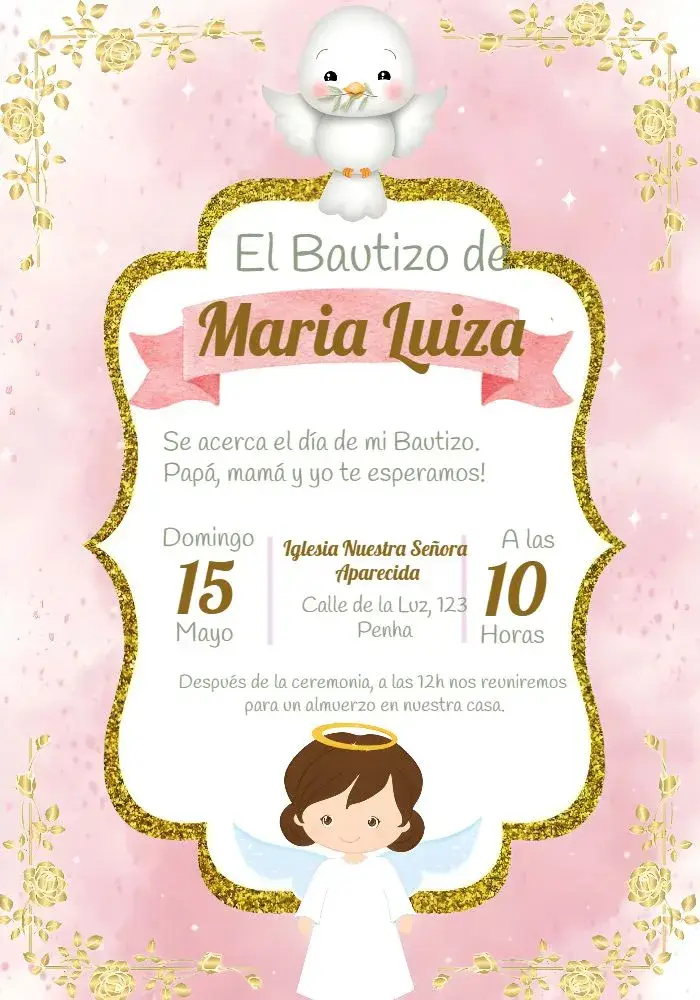 Invitación Bautizo Niña Rosa Dorado