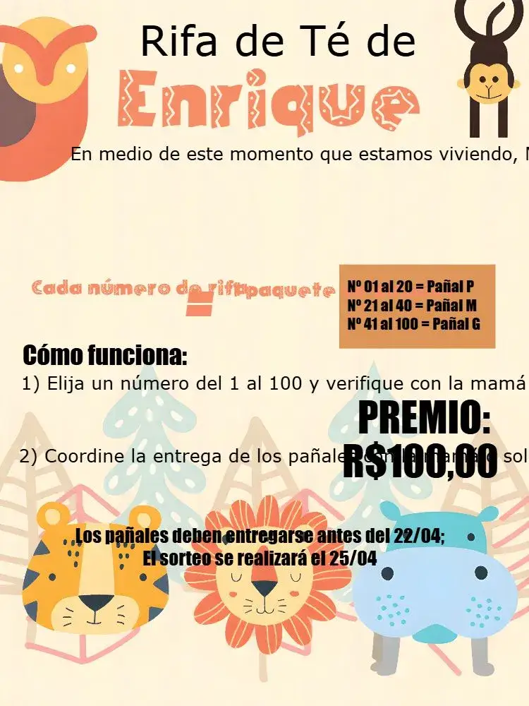 Invitación Té Rifa Safari Selva – tema Té Rifa selva, animales, colorido, infantil, aventura, tropical