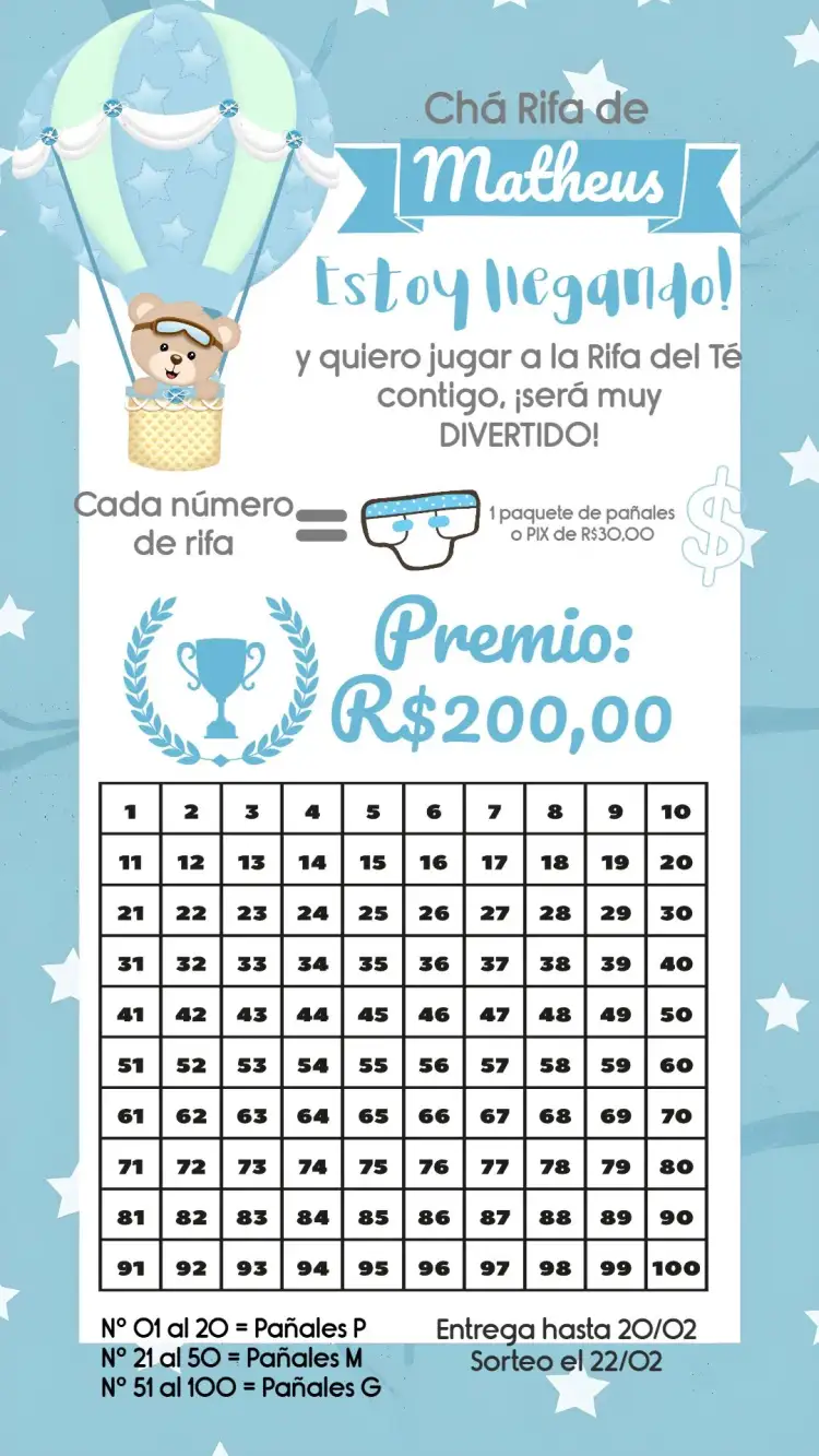 Invitación Chá Rifa Osito Globosito Oso – tema Té Rifa azul, blanco, lúdico, infantil, divertido, moderno
