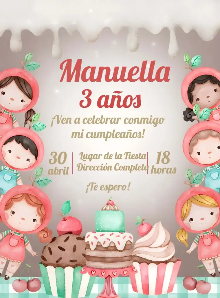 Invitación Cerezita Brigadeiro – tema Más buscados colorido, divertido, dulce, infantil, lúdico, cereza
