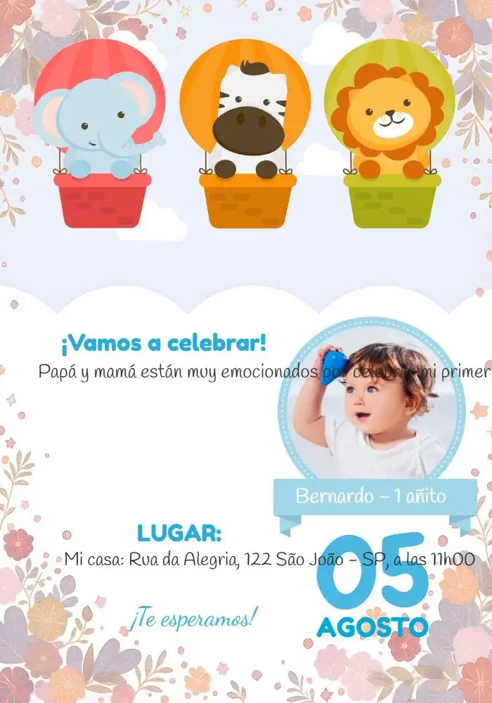 Invitación Safari Con Foto Blanco – tema Fechas Conmemorativas animales salvajes, colores suaves, estilo divertido, elementos gráficos de safari, diseño infantil