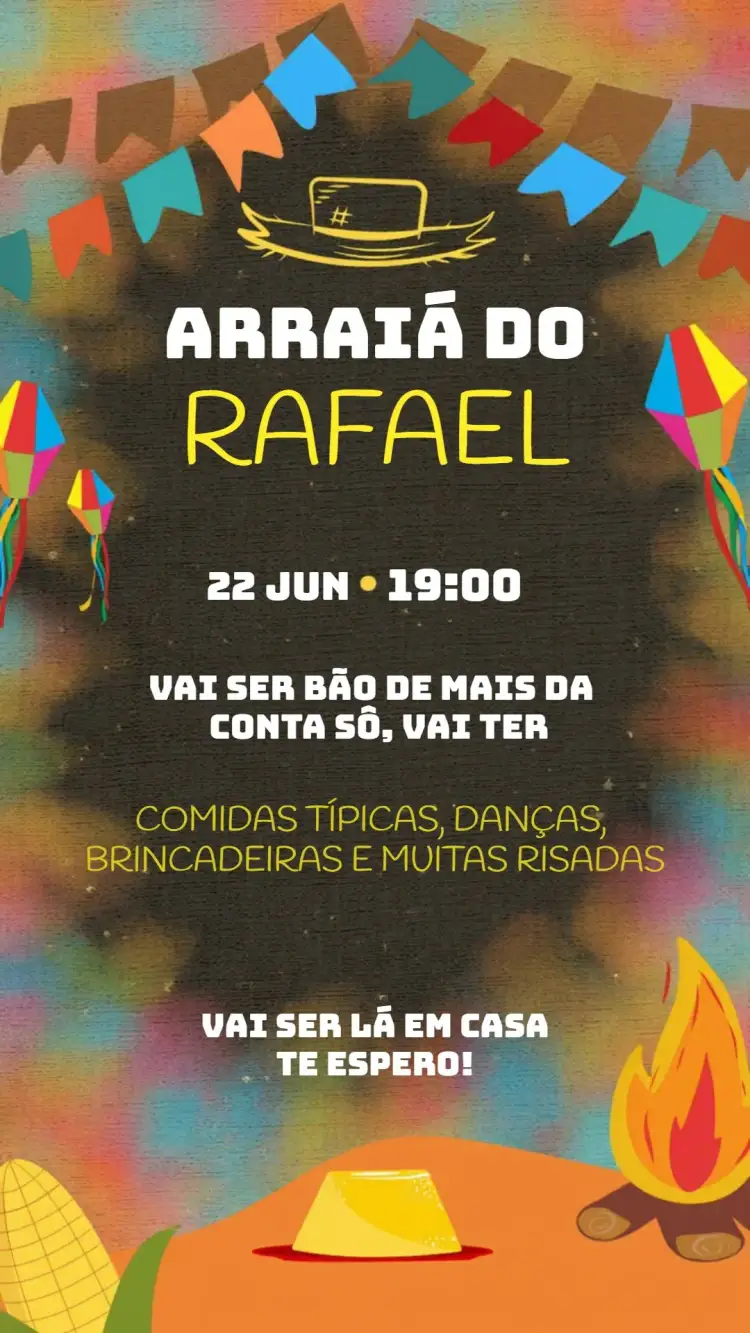 Invitación San Juan Arraiá Hoguera – tema Fechas Conmemorativas colorido, tradicional, vibrante, rústico, festivo, brasileiro