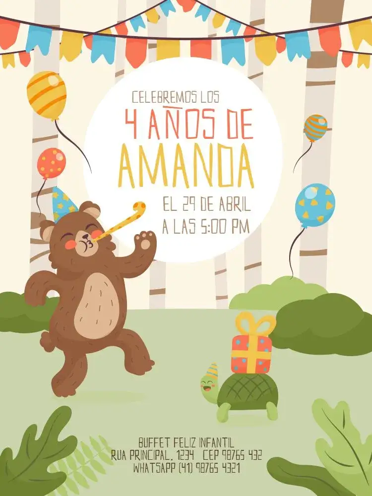 Invitación 4 Años Divertida Bandera – tema Cumpleaños Infantil colorido, lúdico, en el bosque, animales, festivo, alegre