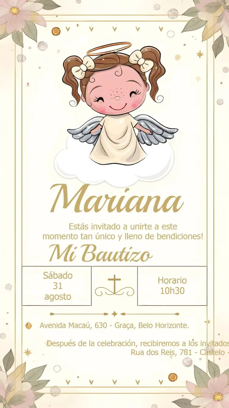 Invitación Bautizo Bautismo Angelita Niña – tema Bautismo dorado, angelitos, delicado, religioso, minimalista