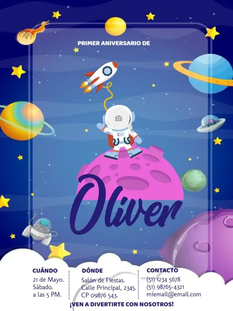 Invitación Fiesta Espacial Con Foto Para Editar Galaxia – tema Cumpleaños Infantil espacio, colorido, lúdico, galaxia, astronauta