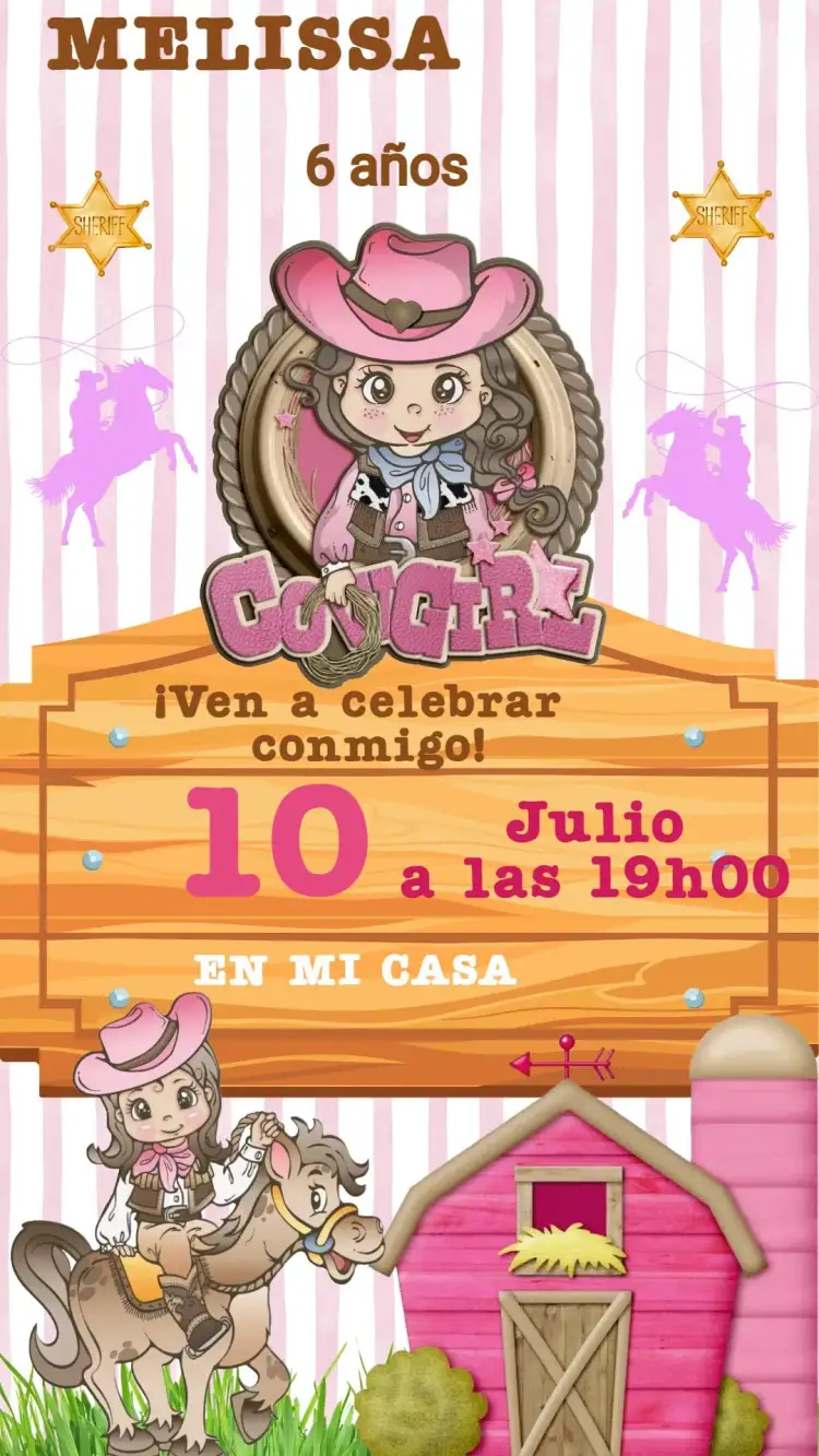Invitación Invitación Cumpleaños Vaquera – tema Cumpleaños Infantil vibrante, rústico, colorido, temático, divertido