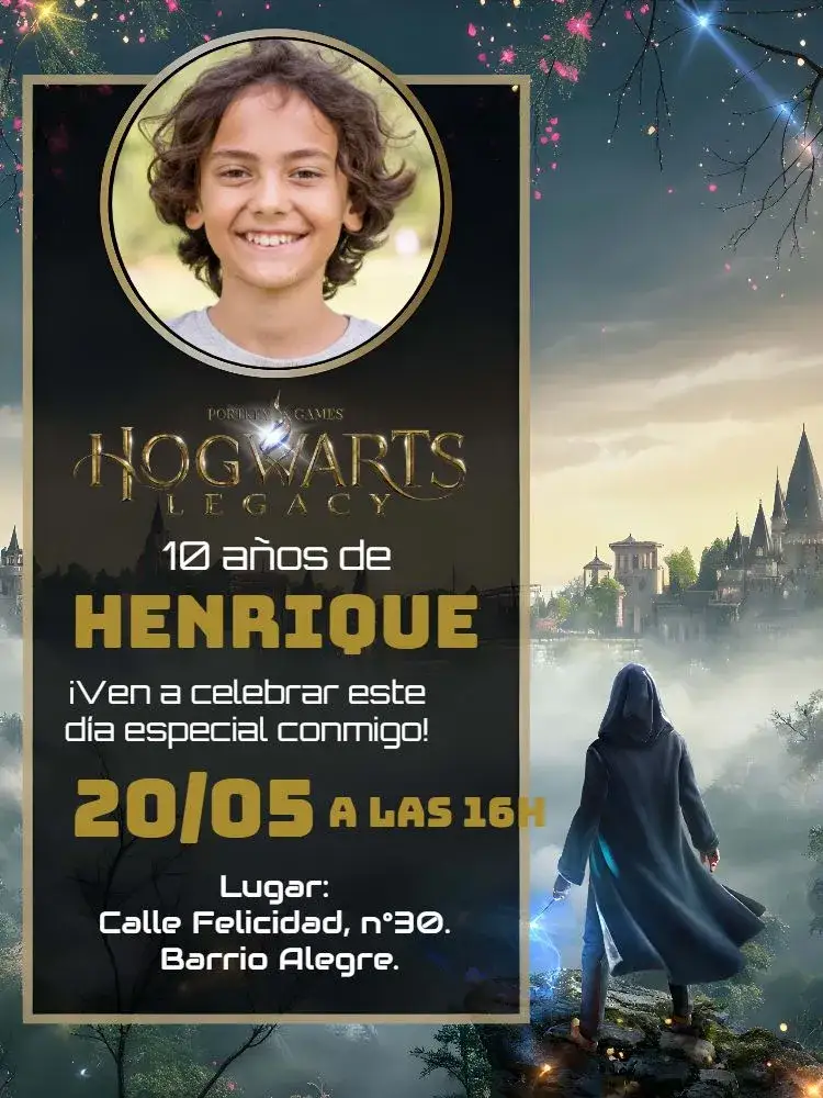 Invitación Hogwarts Legacy Con Foto Potter – tema Cumpleaños Infantil gris, dorado, negro, temática de Harry Potter, estilo mágico, elementos de RPG