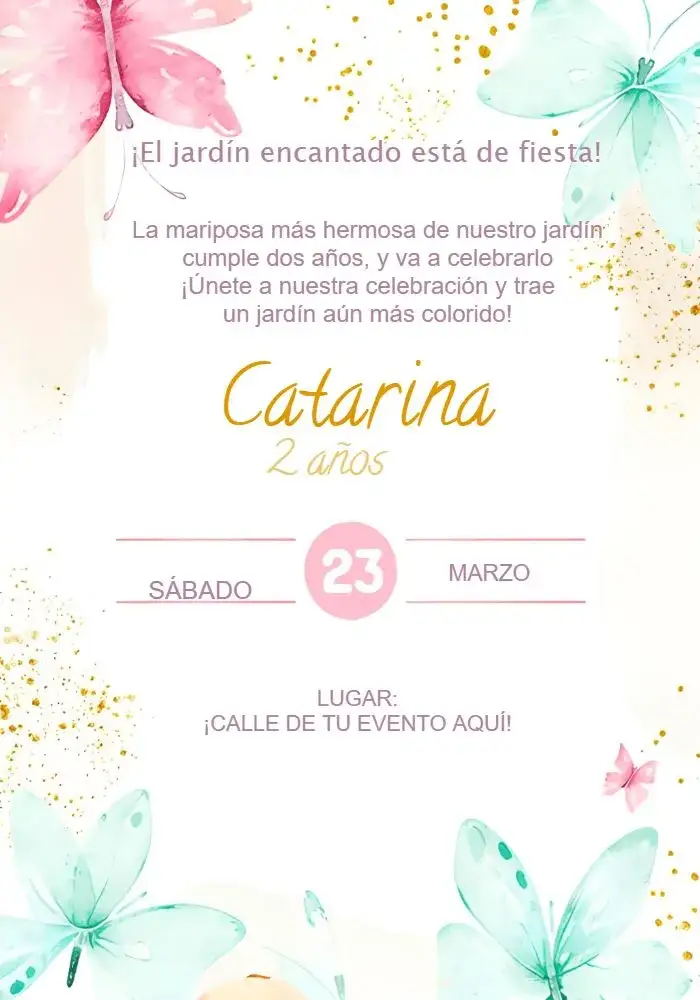 Invitación Jardín De Las Mariposas Candy – tema Fechas Conmemorativas acuarela, colores pastel, naturaleza, lúdico, colorido, infantil