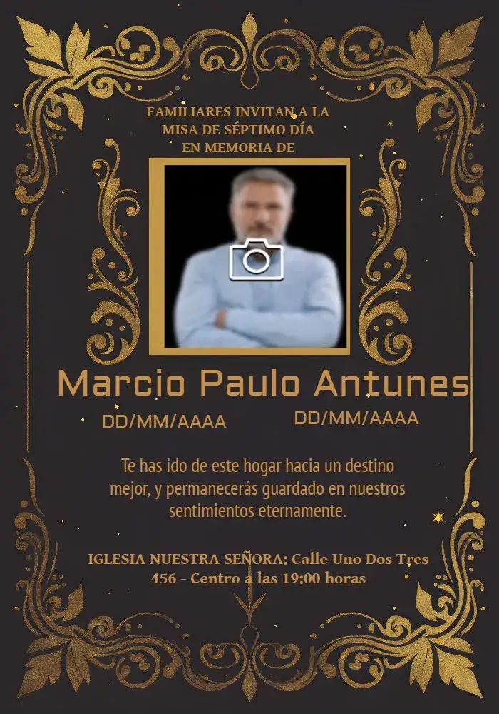 Invitación Misa De Séptimo Día Con Foto Luto – tema Fechas Conmemorativas negro y amarillo, elegante, floral, minimalista, sutil