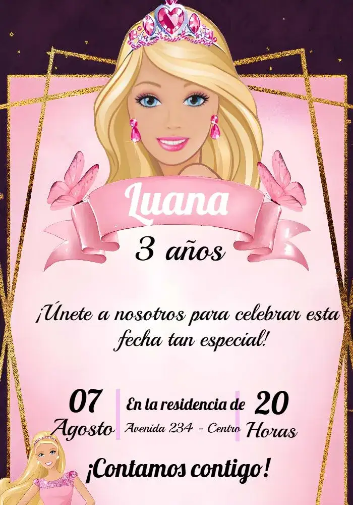 Invitación Barbie Delicado – tema Más buscados rosa, delicado, princesa, dorado, glitter, moderno
