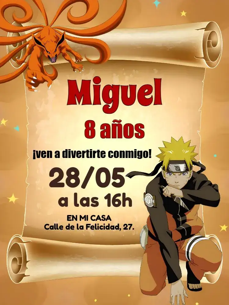 Invitación Naruto Niño – tema Cumpleaños Infantil anime, ninja, vibrante, aventura, infantil, colorido